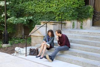 Students studying on the stairs